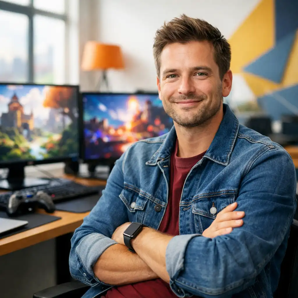 Twórca gier w studiu podczas wywiadu