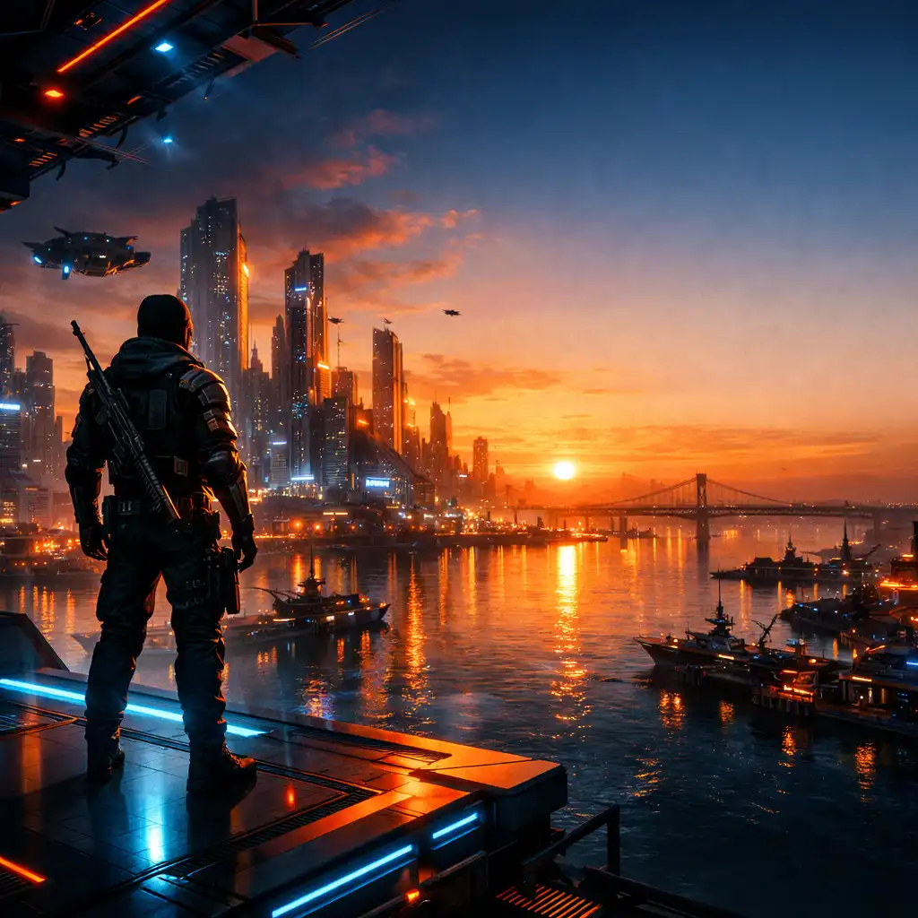 Futurystyczne miasto cyberpunk z bohaterem stojącym nad portem